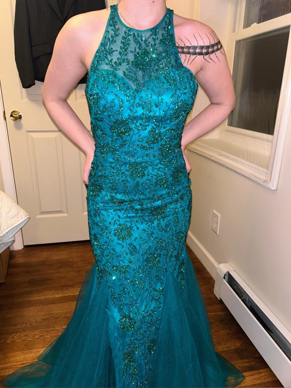 Stunning Sherri Hill Teal Beaded Mermaid Prom Dress - Style #51939 - Size 6